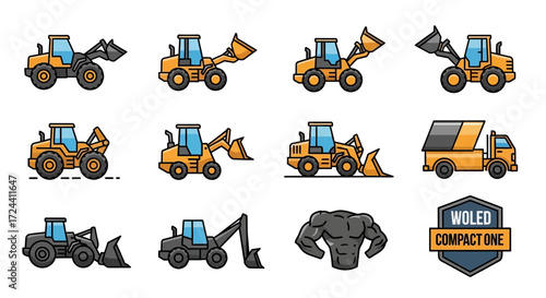Collection of construction vehicle icons, including loaders, trucks, and an excavator, plus a muscular torso and a logo.