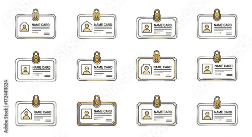 A collection of twelve name card designs with different border styles and golden padlock elements.