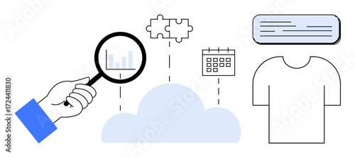 Hand holding magnifying glass with chart, cloud, puzzle, calendar, shirt, and document. Ideal for cloud computing, data analysis, teamwork organization workflow e-commerce simple flat metaphor
