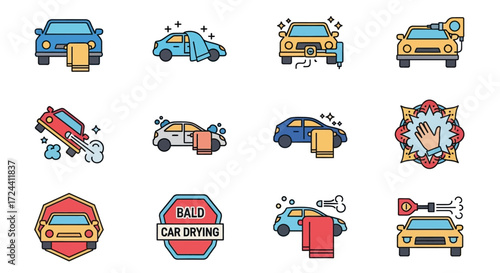 Car wash icons depicting various stages of cleaning, drying, and detailing, presented in a colorful, flat design style.
