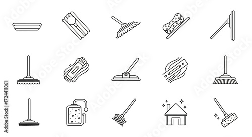 Collection of cleaning tools icons, including mops, sponges, squeegees, and a house icon, all in a minimalist line art style.