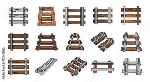 A collection of diverse railroad track designs, illustrated in various styles and materials.