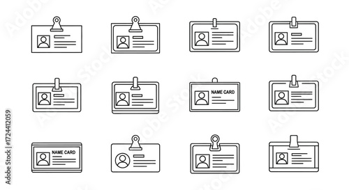 A collection of twelve simple line-art ID badge designs.