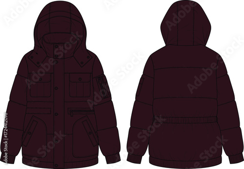 Technical flat sketch of a hooded puffer jacket vector illustration. Modern men's down jacket design with multiple pockets and zipper details.