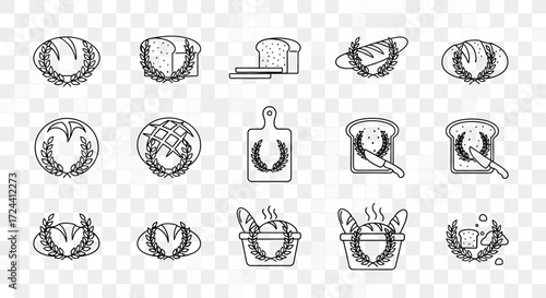 Collection of line art bread and wheat icons, perfect for bakery logos or branding.