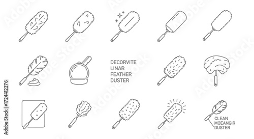A collection of simple line art illustrations depicting various feather dusters and cleaning tools.