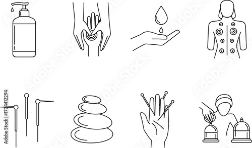 Alternative therapy and holistic health icons, including massage, cupping, acupuncture, and spa treatments, clean vector illustration set.
