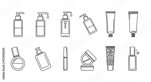 A collection of minimalist line art icons depicting various cosmetic containers and packaging.