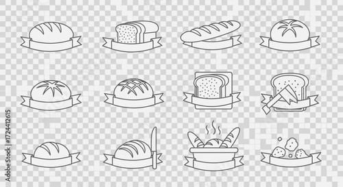 A collection of twelve line-art bread icons, each with a decorative banner.