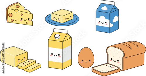  Cute kawaii style breakfast food illustration set, including cheese, butter, milk, egg, and bread with happy faces.