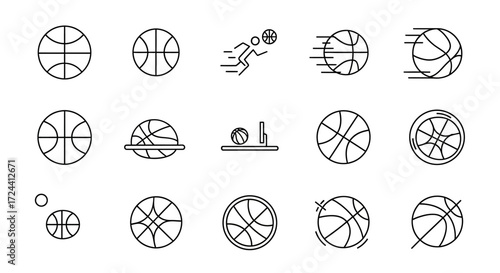 A collection of minimalist line art basketball icons, depicting various ball positions and a player in motion.