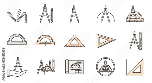 Collection of geometric drawing tools and instruments, including compasses, protractors, and triangles, neatly arranged as icons.