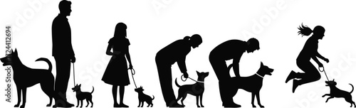 Dog owner silhouette vector collection, people with their pets walking, playing, and jumping, illustrating various interactions.