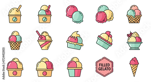A collection of colorful gelato and ice cream icons in various containers and styles.