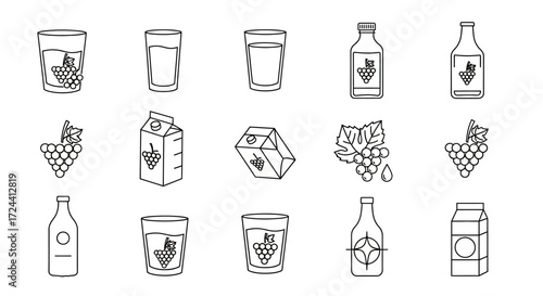 Line art illustration of grape juice containers: glasses, bottles, and cartons, with grape bunches and leaves.
