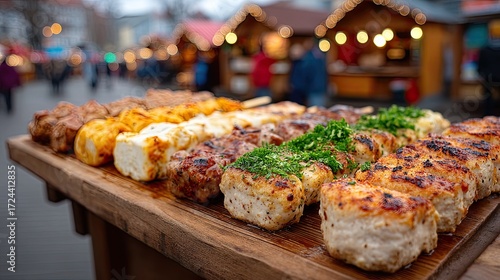 Assorted Grilled Meat Skewers on Wooden Board at Outdoor Food Stall in Blurred Festive Market Setting Warm Lighting