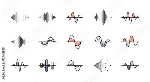 A collection of stylized sound wave illustrations, varying in shape and color, set against a white background.