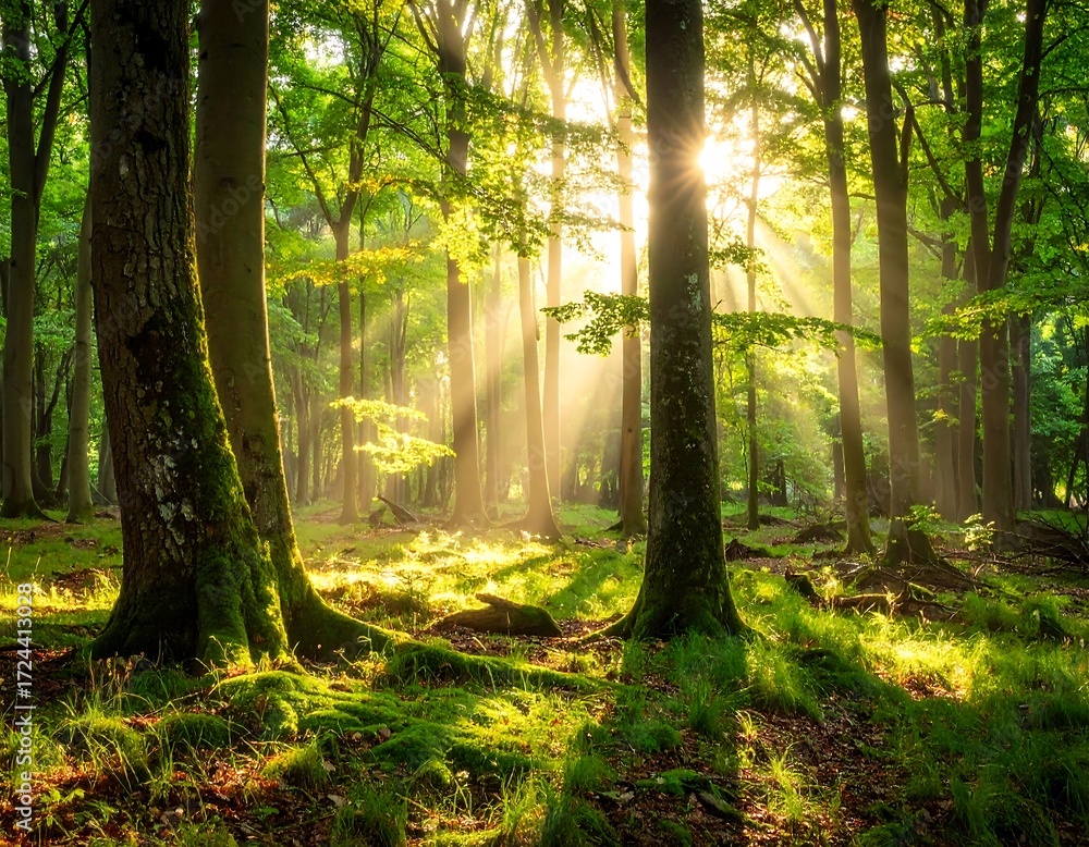 Obraz premium Sunlight streams through a lush forest (4)