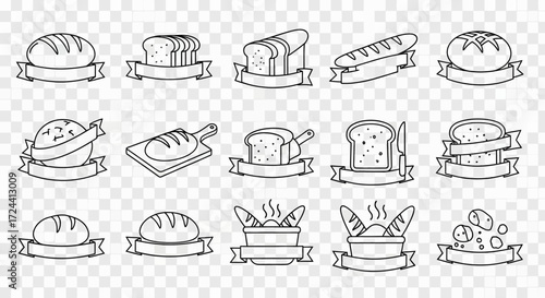 A collection of line art bread icons with decorative banners, showcasing various bread types and preparation styles.