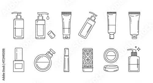 A collection of minimalist line drawings illustrating various cosmetic containers and packaging.