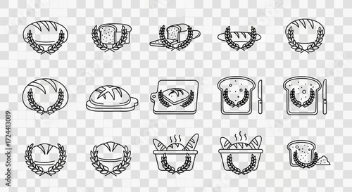 A collection of stylized bread icons, various shapes and presentations, with wheat elements.