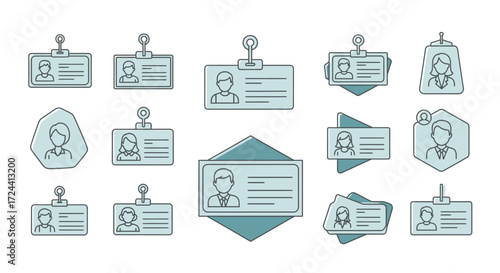 Collection of diverse ID badge designs, featuring various shapes and layouts for employee identification.
