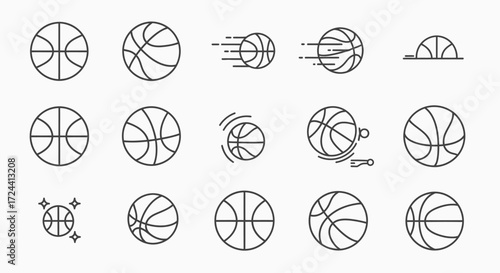 A collection of minimalist basketball icons showcasing various actions and perspectives.