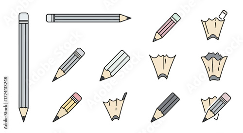 Illustration featuring various pencils and pencil shavings, showcasing different angles and states.
