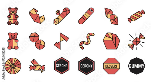 A collection of colorful, geometric illustrations of various candies and sweets, with text labels.