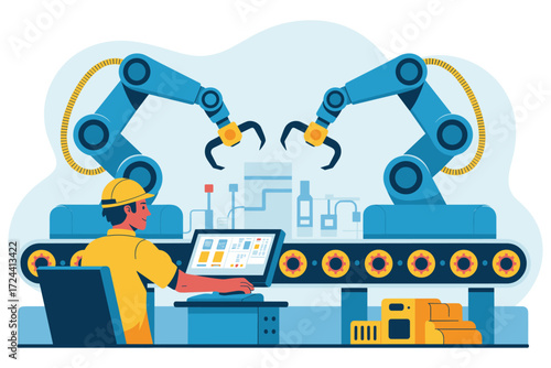 Automated Manufacturing: A worker monitors the automated production line, observing robotic arms meticulously assembling products.
