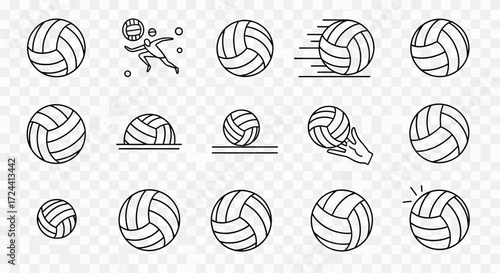 Collection of volleyball icons showing the ball in various states, including motion, being served, and stationary.