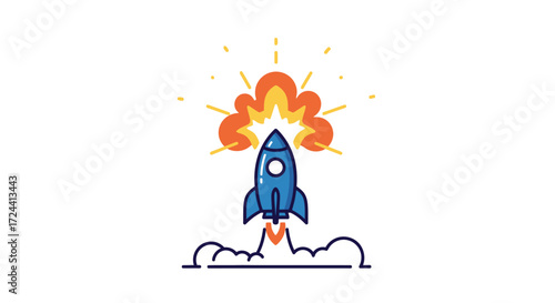 A blue cartoon rocket launching with orange and yellow flames on a white background.