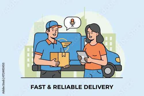 Efficient Delivery: A friendly delivery person hands over a package to a satisfied customer, with a digital confirmation, representing fast, reliable service and seamless interaction.