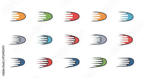 Set of colorful, stylized speed icons in various shades, suggesting rapid movement or action.