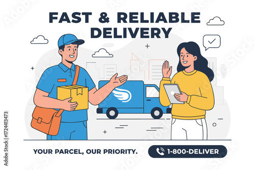 Prompt Delivery Services: A dynamic illustration captures the essence of a reliable delivery, featuring a courier handing a parcel to a customer, emphasizing speed and dependability.