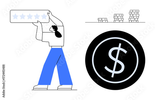 Person holding star rating card, stacks of coins symbolizing financial growth, dollar symbol in black circle. Ideal for feedback, business, finance, investment, success, economy simple flat metaphor