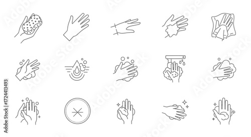 A collection of line art illustrations depicting hand washing and hygiene practices.