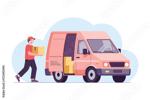 Courier Service: A delivery person efficiently handles a parcel with their delivery vehicle, symbolizing dependable logistics and timely transportation.