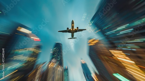 Plane over cityscape at night