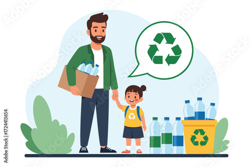 Father-Daughter Recycling: A father and daughter, stand united, holding a box and embracing an eco-friendly initiative, emphasizing environmental consciousness.