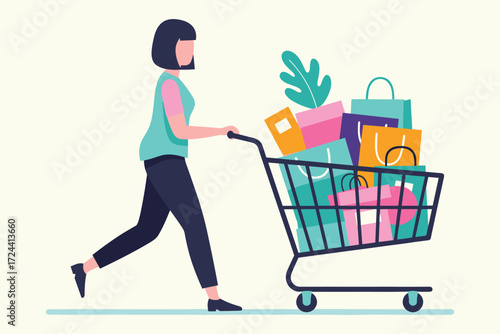 Shopping Spree: A woman strides confidently, pushing a shopping cart overflowing with colorful bags, conveying the thrill of retail therapy and consumerism.