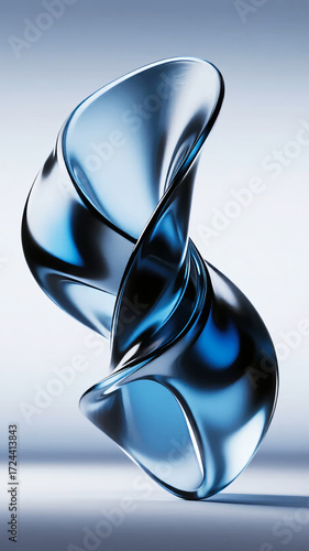 Abstract blue glass sculpture with smooth, flowing curves and reflective surface
