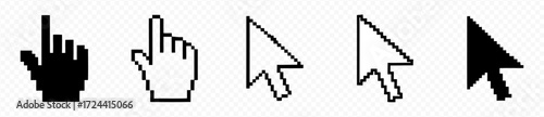 Computer mouse cursor icons. Cursors containing pointer, arrow and hand symbol with pixelated form. Transparent vector illustration.