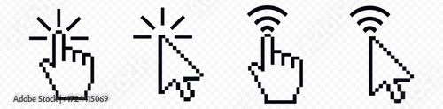 Computer mouse cursor icons. Cursors containing pointer, arrow and hand symbol with pixelated form. Transparent vector illustration.