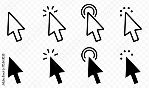 Computer mouse cursor icons. Cursors containing pointer, arrow and hand symbol with pixelated form. Transparent vector illustration.