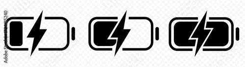 Battery level icon set. Charge level indicator collection with low, medium, full and charging symbol for app and UI. Transparent PNG and vector illustration