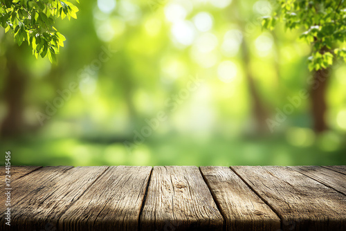 Rustic wooden table with sunlit green forest background, featuring blurred trees and leaves, creating a natural and serene outdoor atmosphere