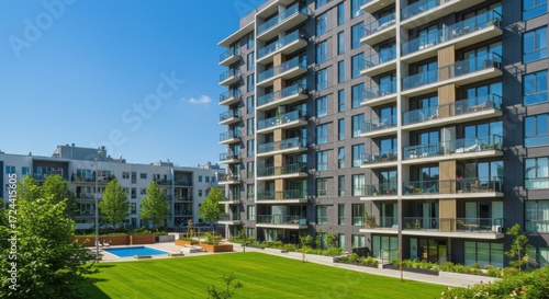 Wallpaper Mural Modern Residential Apartment Building with Glass Balconies under Blue Sky Torontodigital.ca