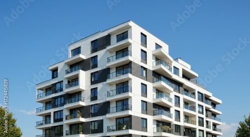 Modern Residential Apartment Building with Glass Balconies under Blue Sky