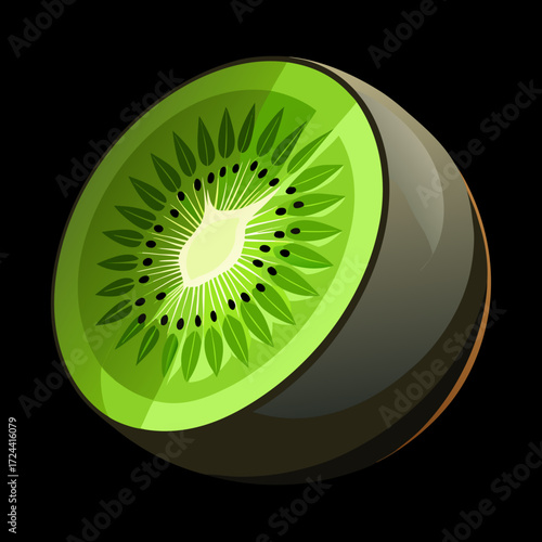 Macro shot of a kiwi fruit cut in half, revealing the bright green flesh with black seeds and white core, on a black background. Extreme detail, fresh fruit, vitamin C, tropical.